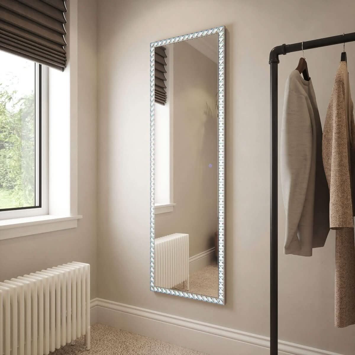 Crystal Edge Full Length Mirror 50 x 155cm with LED lighting in modern bedroom setting.